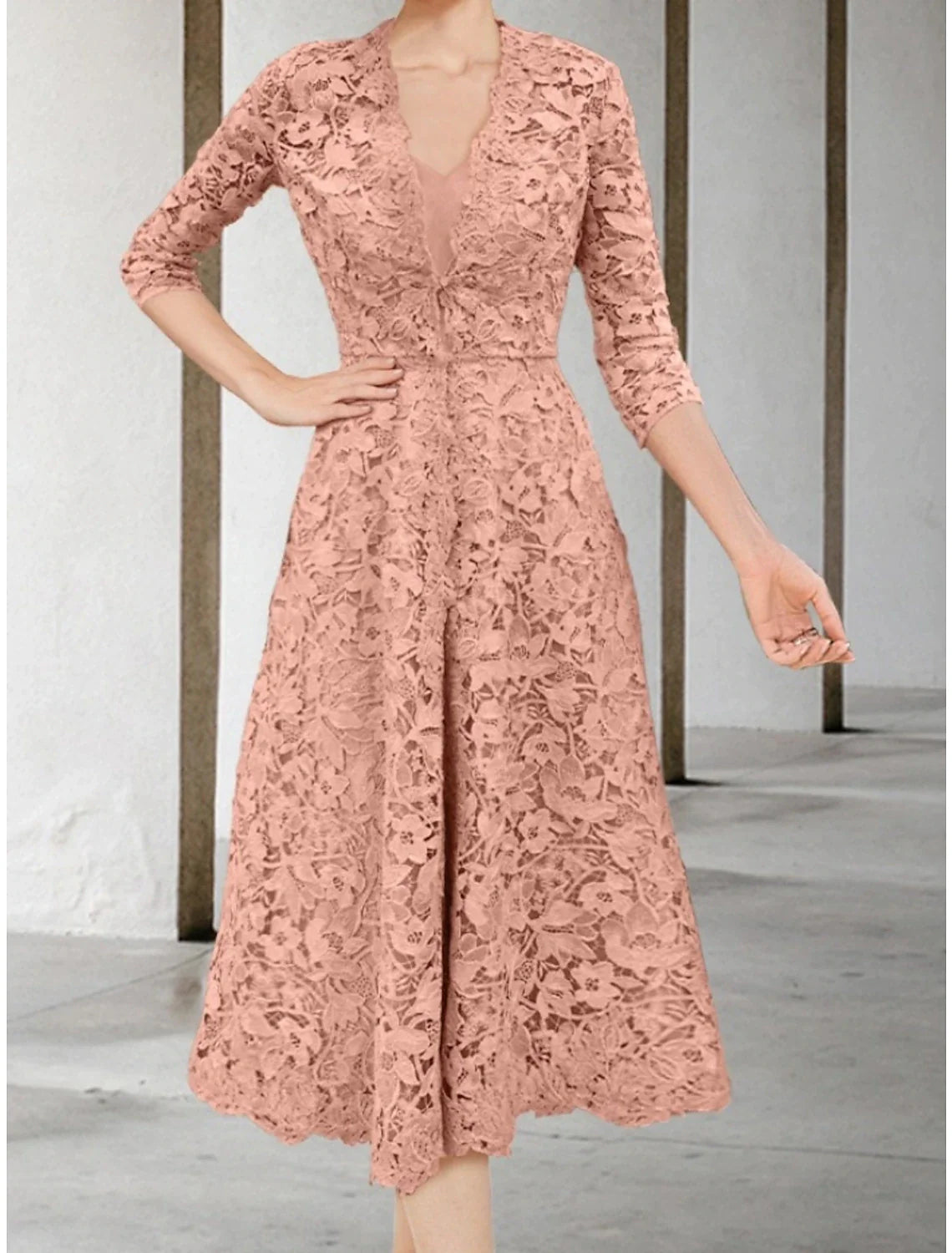 Wholesale A-Line Mother of the Bride Dress Wedding Guest Elegant Petite V Neck Tea Length Chiffon 3/4 Length Sleeve with Ruching Solid Color
